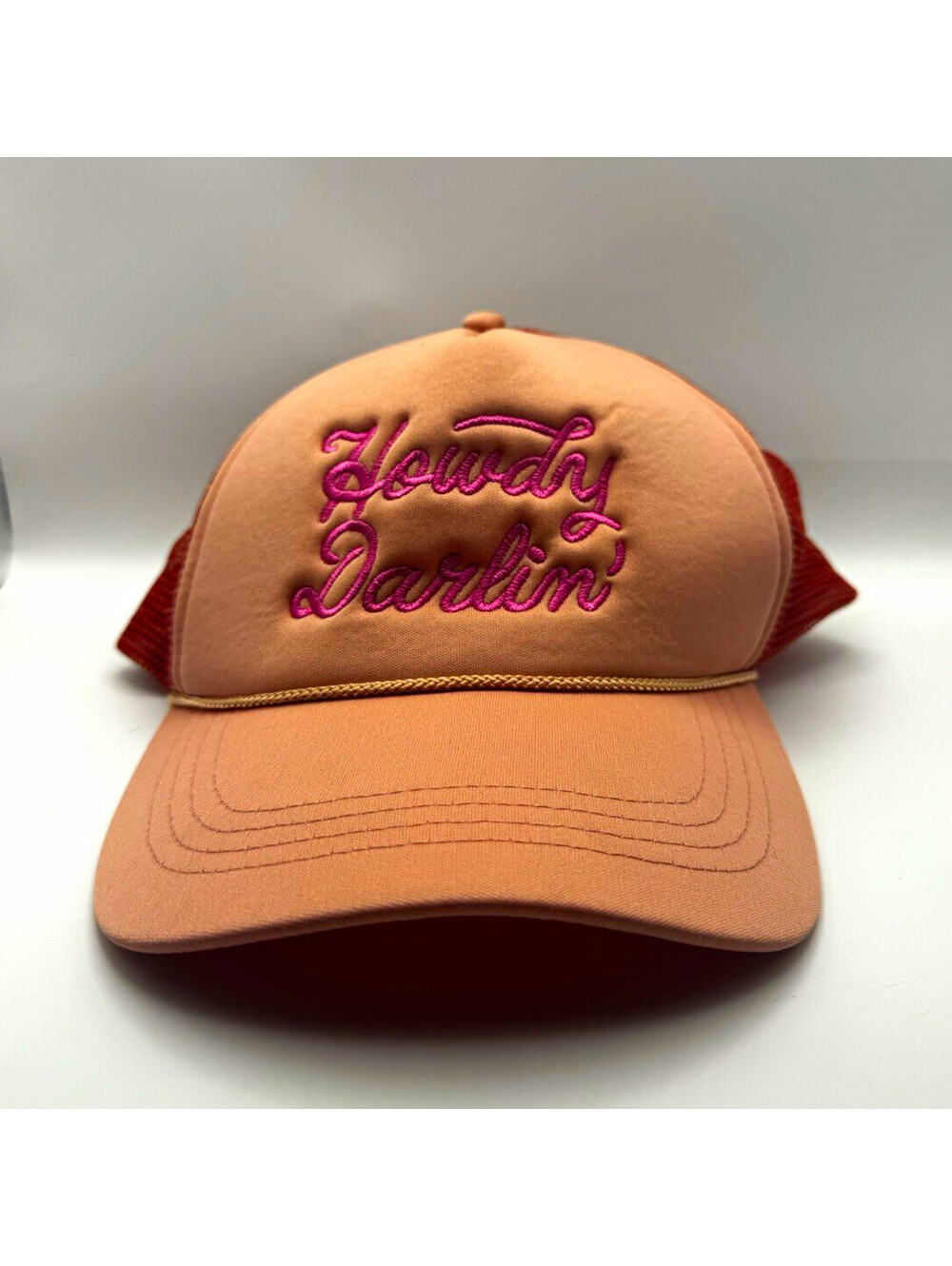 Howdy Darlin Embroidered Mesh Back Trucker Hat Pink/Orange Adjustable One Size